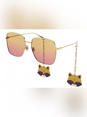 Gucci Gold Frame Sunglasses with Pink-to-Gold Gradient Lenses & Fox Charm